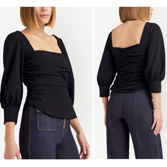 Cinq A Sept Karol Square-Neck Ruched 3/4” Puff Sleeve Crepe Top Blouse Medium - Picture 5 of 10